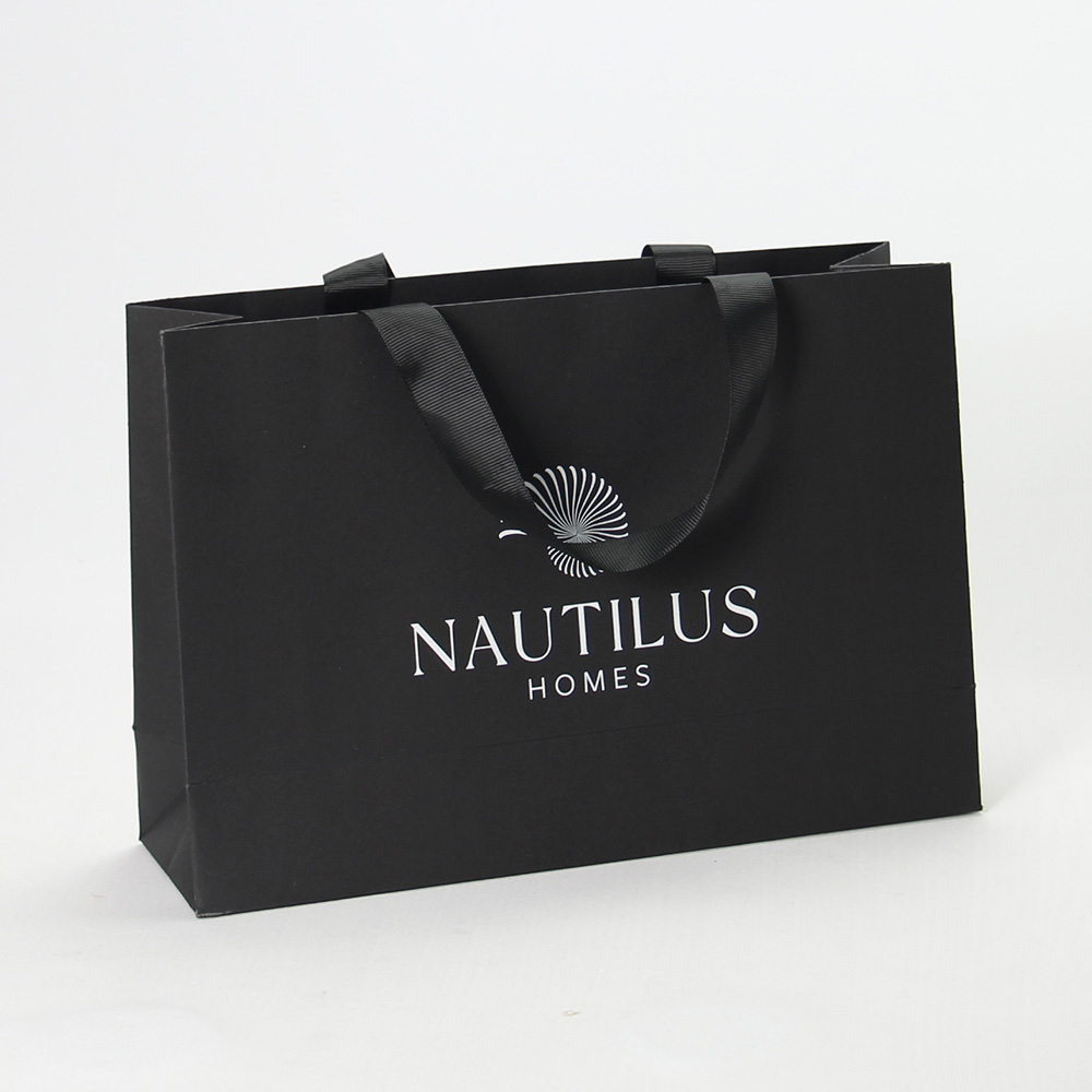Customized personalized printing brand logo black luxury laminated gift clothing retail shopping bag with ribbon handle