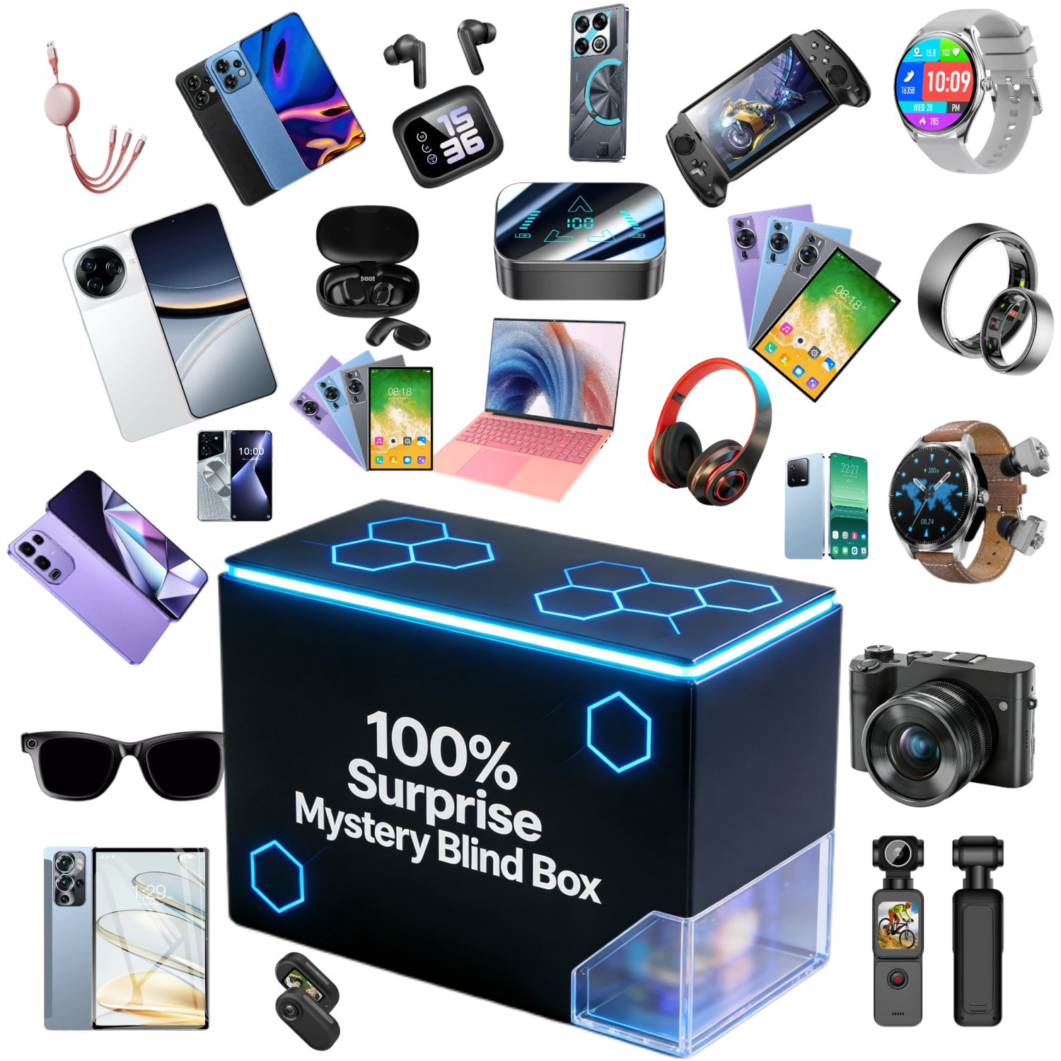 Mysterious Box Surprise, including various lucky smartphones, smartwatches, headphones and other random products, Lucky Electronics Retro Mysterious Gift