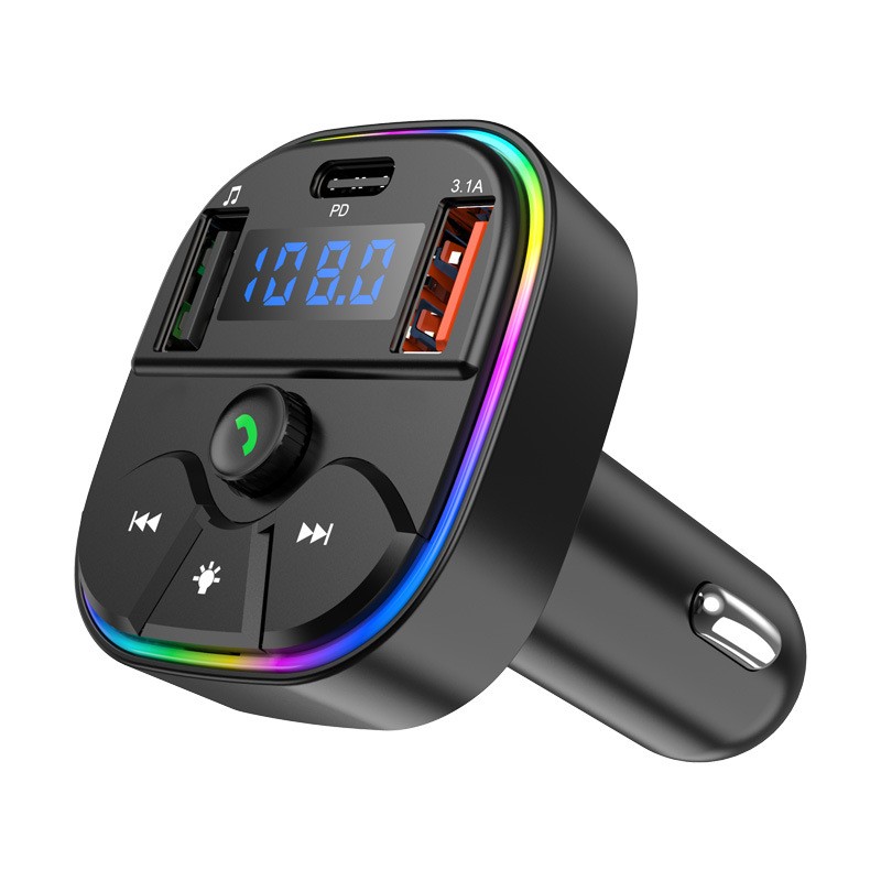 Portable car Bluetooth hands-free FM transmitter MP3 music player with USB connection PD charger and color ambient light